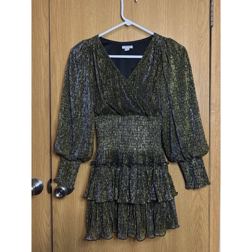HABITUAL Gold Shimmer Smocked Tiered Party Dress Kids 10 Womans XS Cocktail - Picture 4 of 10